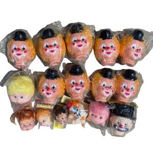 Vintage Clown Doll Heads Lot of 16 Crafts Oddities Many Most New Oddity Creepy